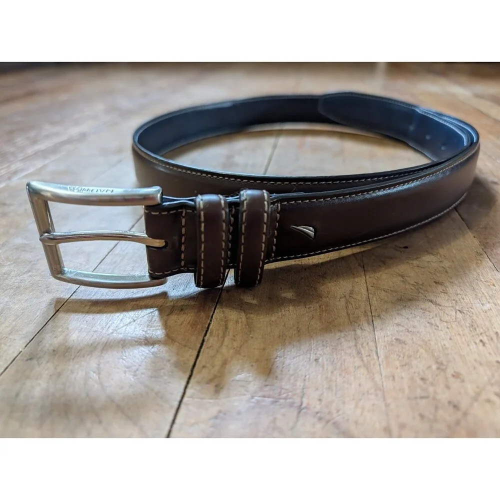 Nautica Belt Brown Syn Leather Mens 38 Nickel Buckle